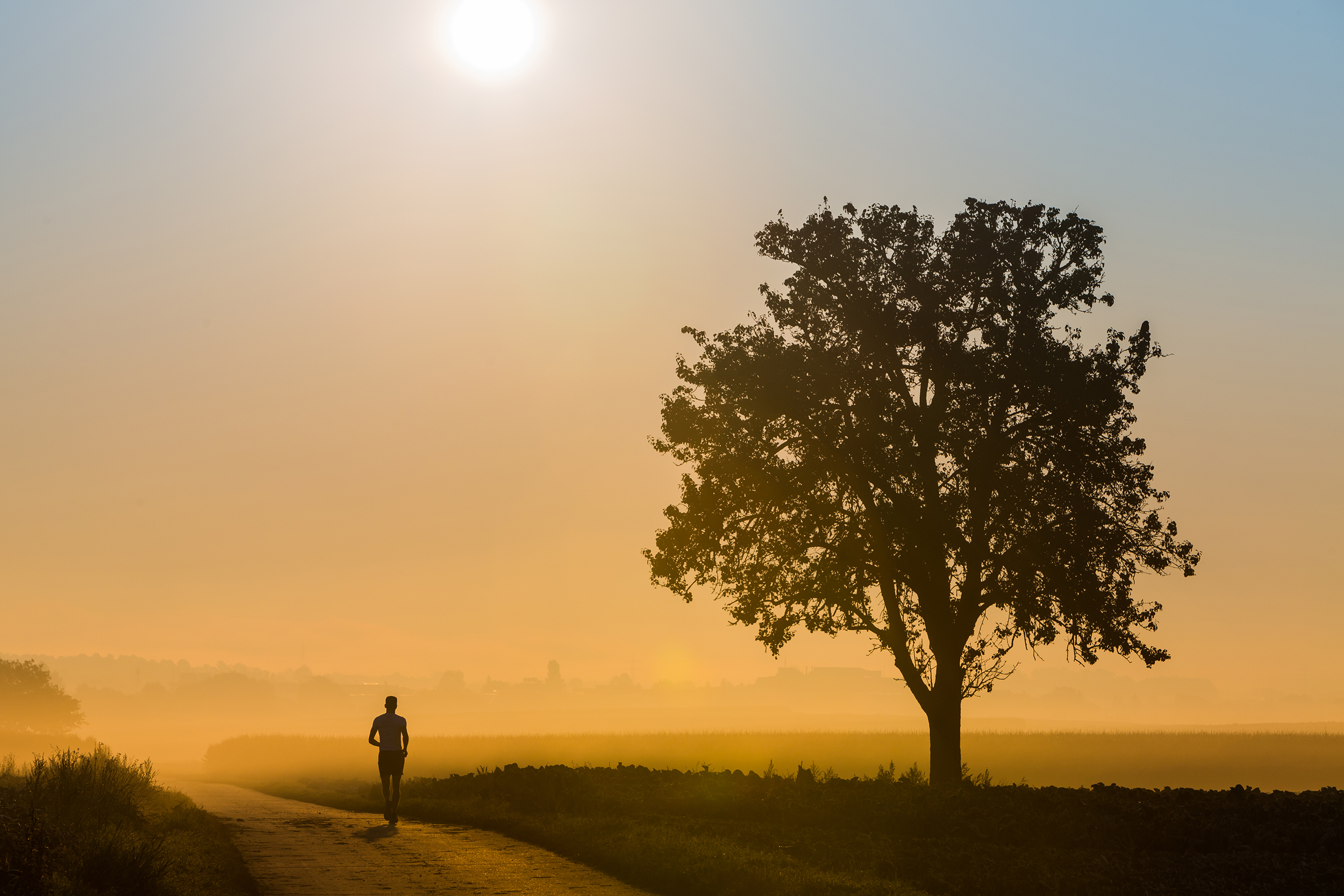 A sunset view with a boy cross country running