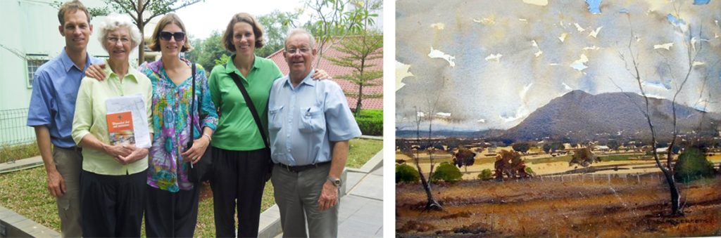 Left, Erik and Margaret Dekkers with family. Right, one of Erick's watercolour paintings